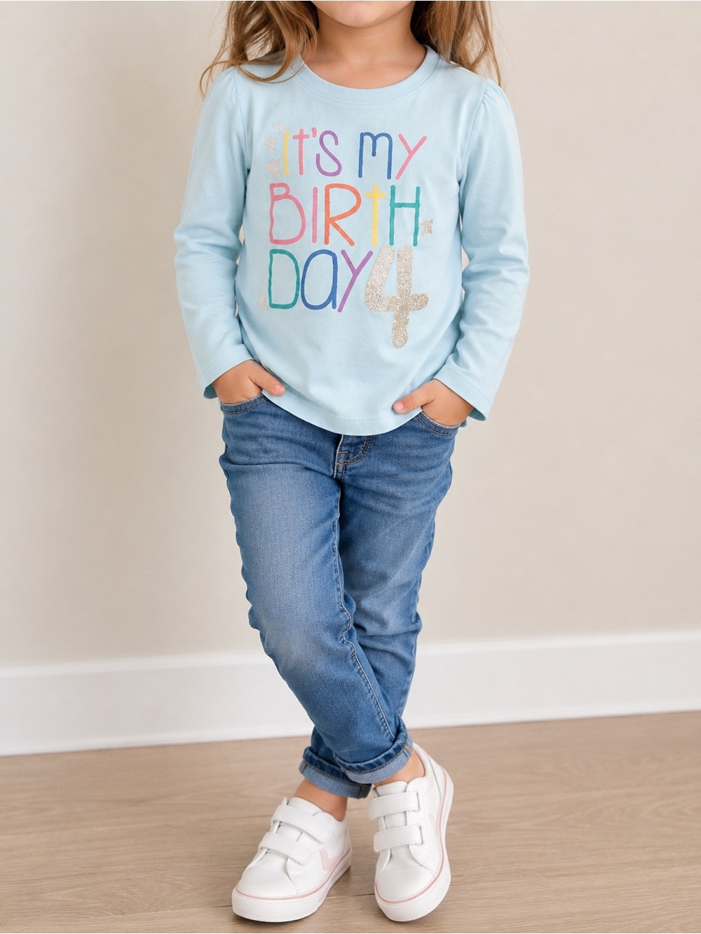 The Children's Place Girls 4T 4th Birthday Shirt Long Sleeve Glitter Blue
